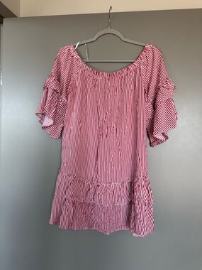 Forever 21 Women’s Red Striped Off-Shoulder Ruffle Mini Dress